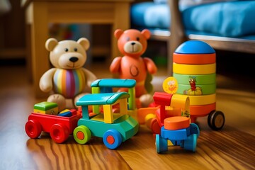 Fototapeta premium Three Adorable Teddy Bears Playing with a Colorful Toy Train on the Floor Generative AI