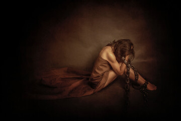Chained woman sitting on the floor in an empty room representing the oppression of women