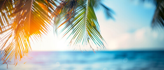 Fototapeta na wymiar Close up of palm leaves on exotic tropical beach with sunlight, bokeh. View on ocean and coastline. Vacation, leisure mockup, banner. Suny natural background. Generative ai