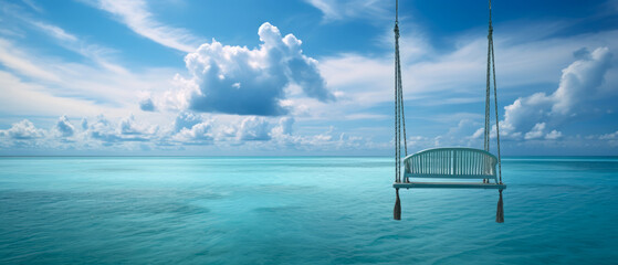 Close up of swing on exotic tropical beach with view on ocean and coastline. Vacation, leisure mockup, banner. Suny natural background. Generative ai
