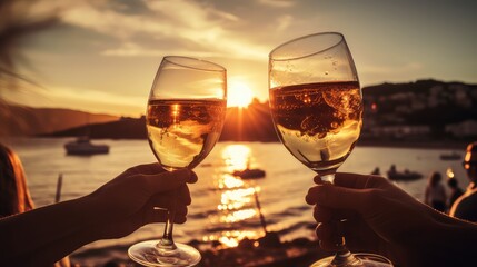 holiday luxury wine drink yacht sunset toast illustration vacation trip, sunsea travel, tourism celebration holiday luxury wine drink yacht sunset toast