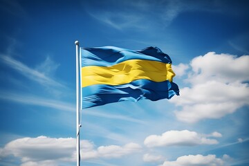 Vibrant Blue and Yellow Flag Soaring High in the Clear Blue Sky - Patriotic Symbol of Unity and Pride Generative AI
