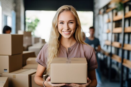 Happy woman holding a cardboard box in a busy warehouse filled with stacked boxes and packages. Generative AI
