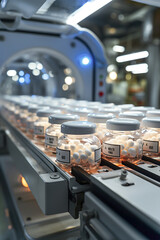 A row of pills sitting on top of a conveyor belt in drug manufacturing factory.