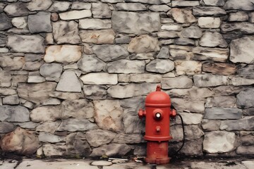 Vibrant Red Fire Hydrant Standing Proudly Next to a Rustic Stone Wall in Urban Setting Generative AI