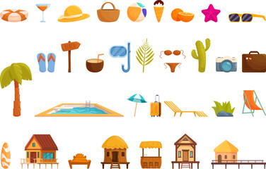 Obraz premium Tropical hotel icons set cartoon vector. Sea beach villa. Exotic coast resort