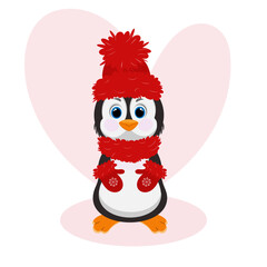 Christmas penguin character. Happy new year penguin design with heart. Stock holiday vector animal illustration