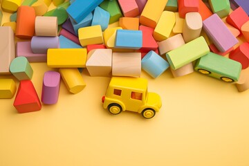 Colorful Building Blocks Surrounding a Bright Yellow Toy Truck for Playtime Fun and Learning Generative AI