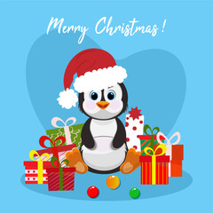 Christmas penguin character. Happy new year penguin design with gift boxes. Stock holiday vector animal illustration