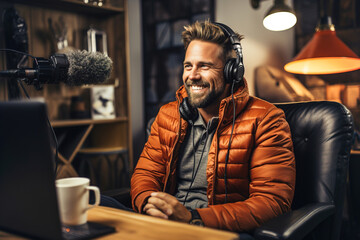 Vlogger make live stream in studio standing in front of computer and microphone.