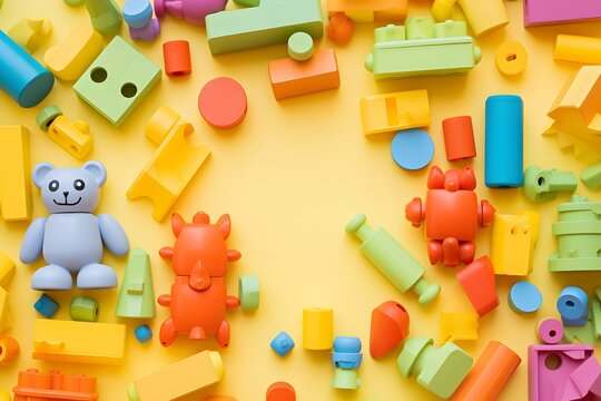 Adorable Teddy Bear Surrounded by a Vibrant Array of Playful Toys for Kids to Enjoy Generative AI