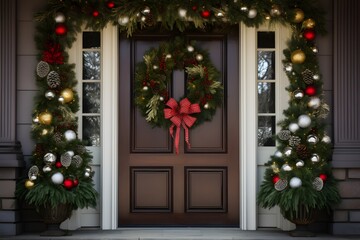 Fototapeta na wymiar Festive Front Door Decorated with Christmas Wreaths and Ornaments for a Warm and Welcoming Holiday Home Generative AI