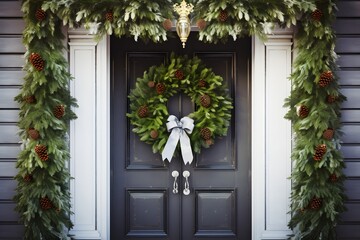 Festive Arafed Wreath with Pine Cones and Bow Adorning a Welcoming Door for the Holidays Generative AI