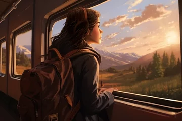 Foto op Canvas An anime girl looks out of a train window at the beautiful nature © FocusFlamingos