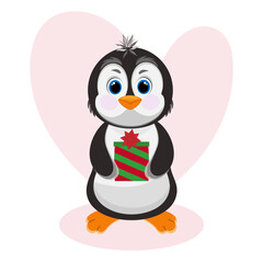 Christmas penguin character. Happy new year penguin design with gift box and pink heart . Stock holiday vector animal illustration
