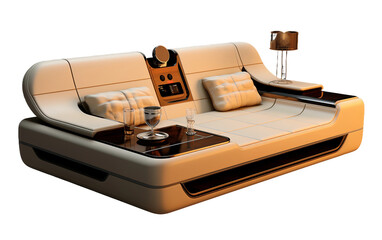 Contemporary Leather Sofa cream color with Built in Tables isolated on a transparent background.