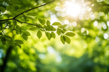 Fototapeta na wymiar Golden rays of sunlight filtering through lush green foliage of a serene forest Generative AI