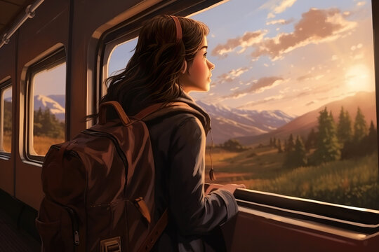 An anime girl looks out of a train window at the beautiful nature