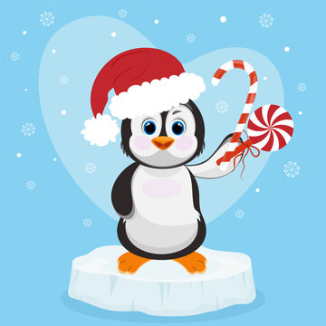 Christmas penguin character. Happy new year penguin design with candies and santa hat . Stock holiday vector animal illustration