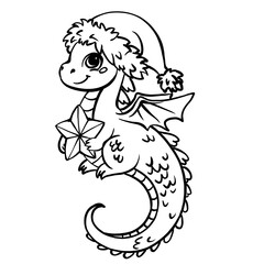 cute baby dragon in santa hat with star line sketch isolated on white background . cartoon character, green wood symbol of new 2024 year. Christmas design for greeting card, sticker and print