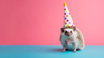 Fototapeta na wymiar Celebration, happy birthday, Sylvester New Year's eve party, funny animal banner greeting card - Cute funny hedgehog with party hat on blue table background texture