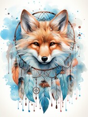 A watercolor painting of a fox with a dream catcher. - obrazy, fototapety, plakaty