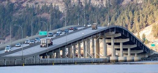 Traffic driving across Bridge over Okanagan Lake, Kelowna, British Columbia, Canada
