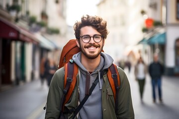 Happy traveler with backpack strolling through urban landscape on sunny day Generative AI