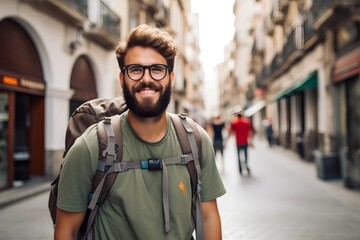 Urban Explorer with Backpack Walking through Busy City Street during Rush Hour Traffic Generative AI