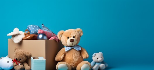Assorted Stuffed Animals Sitting Next to a Cardboard Box, Cute and Colorful Plush Toys for Kids' Playtime and Decor Generative AI