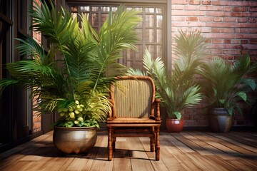 Minimalist Interior with Wooden Flooring, Chair, and Potted Plant in Natural Light Generative AI