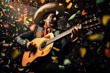 Mexican-themed Giraffe Musician Playing Guitar Surrounded by Colorful Confetti Generative AI - obrazy, fototapety, plakaty
