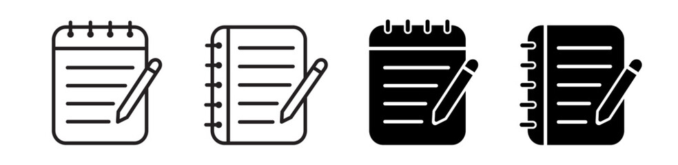 Notepad with pencil icon set. Document, note on paper symbol. Vector	
