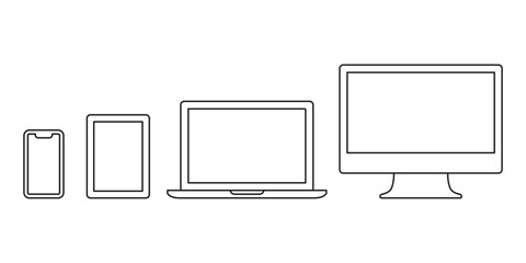 Icons representing digital devices such as laptops, computers, tablets, etc. - obrazy, fototapety, plakaty