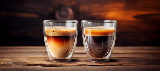 two glass cups of espresso on a wooden table, caffe crema - obrazy, fototapety, plakaty