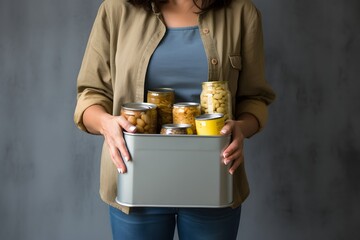 Obraz premium Smiling woman holding a tin of food with assorted jars of homemade pickles on wooden table Generative AI