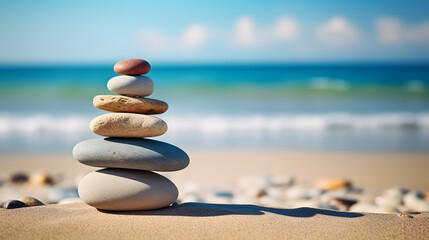 Balanced pebble pyramid silhouette on the beach with the ocean in the background. Zen stones on the sea beach, meditation, spa, harmony, calmness, balance concept. 