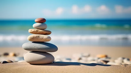 Foto op Plexiglas Stenen in het zand Balanced pebble pyramid silhouette on the beach with the ocean in the background. Zen stones on the sea beach, meditation, spa, harmony, calmness, balance concept. 