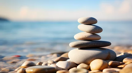 Cercles muraux Pierres dans le sable Balanced pebble pyramid silhouette on the beach with the ocean in the background. Zen stones on the sea beach, meditation, spa, harmony, calmness, balance concept. 