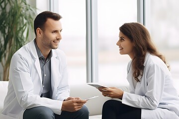 Obraz premium Two friends having a conversation while sitting comfortably on a couch in a cozy living room Generative AI