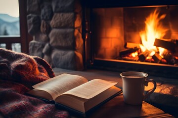 Cozy Winter Evening by the Fireplace with a Good Book and a Warm Cup of Coffee on the Table Generative AI