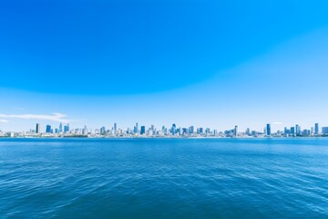 Stunning Aerial View of City Skyline Reflecting on Calm Waters with Blue Sky in the Background Generative AI