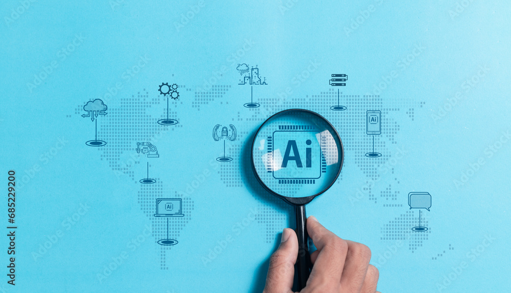 Poster ai technology, magnifying glass focus ai artificial intelligence technology icons on blue background