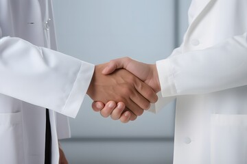 Fototapeta premium Professional male doctor greeting and shaking hands with female patient in medical office Generative AI
