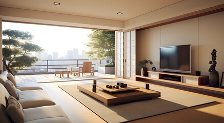 Spacious Living Room with Balcony and Large Flat Screen TV for Modern Entertainment and Relaxation Generative AI
