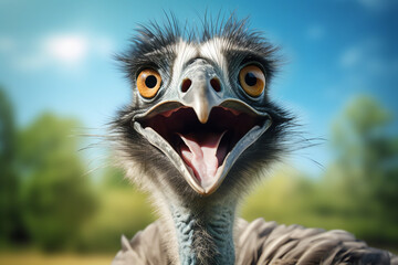 surprised funny emu ostrich bird blurred bokeh background zoo animal