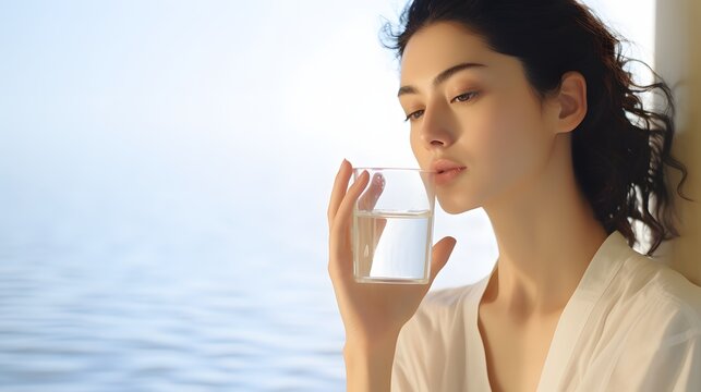 Healthy woman staying hydrated by drinking refreshing glass of water at home Generative AI