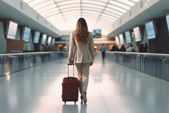 Woman with a Giraffe Print Suitcase Walking Through a Busy Airport Terminal with Travelers and Luggage in the Background. Generative AI