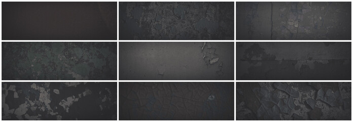 Set of dark panoramic background textures. Collection of wide textures with peeling paint, cracks,...