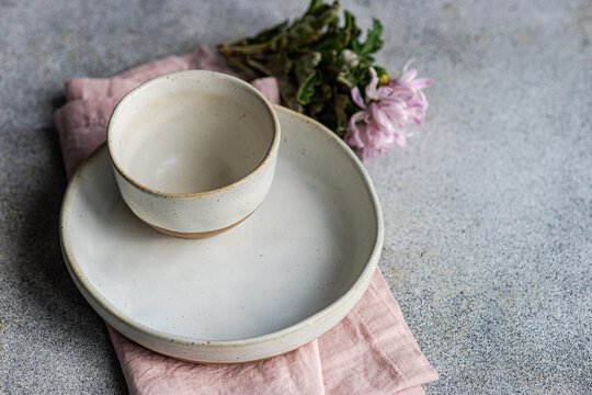 Overhead View Of A Ceramic Cup And Plate With A Pink Chrysanthemum Flower